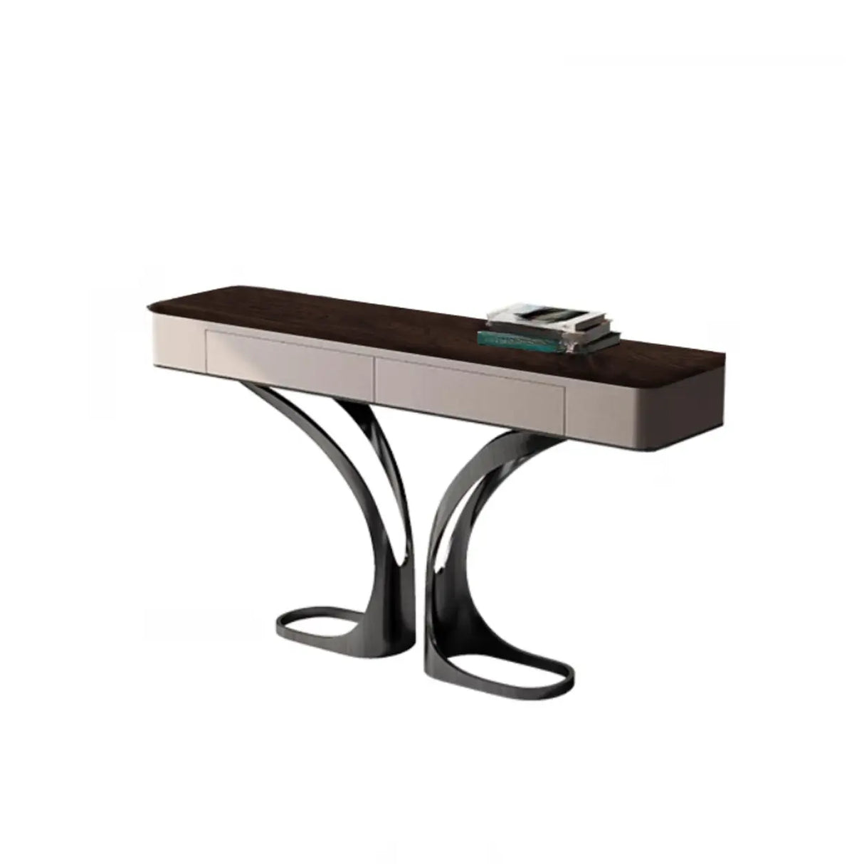 Elegant Metal  Curved Base Walnut Top Storage Console Table Image - 3