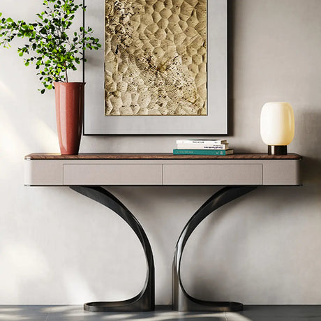 Elegant Metal  Curved Base Walnut Top Storage Console Table Image - 4