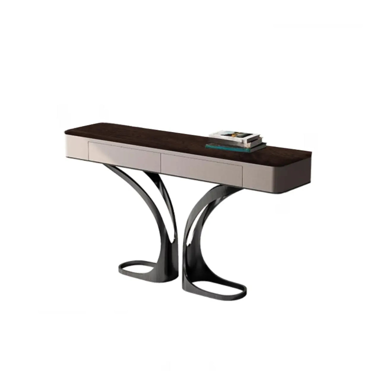 Elegant Metal  Curved Base Walnut Top Storage Console Table Image - 5