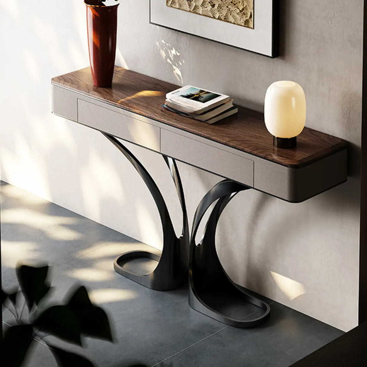 Elegant Metal  Curved Base Walnut Top Storage Console Table Image - 7