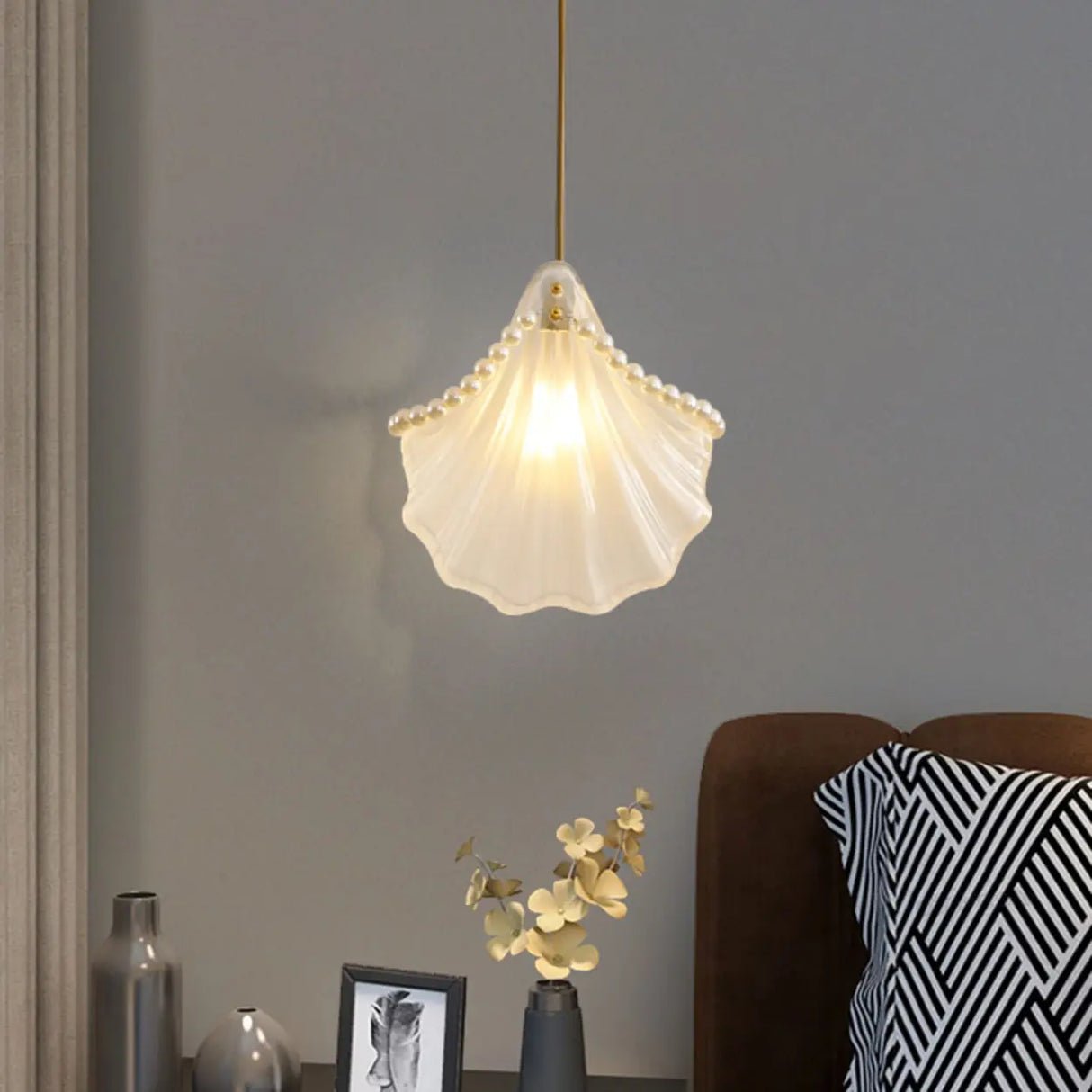 Elegant Modern Bedroom Shell Glass Pendant Light Image - 4