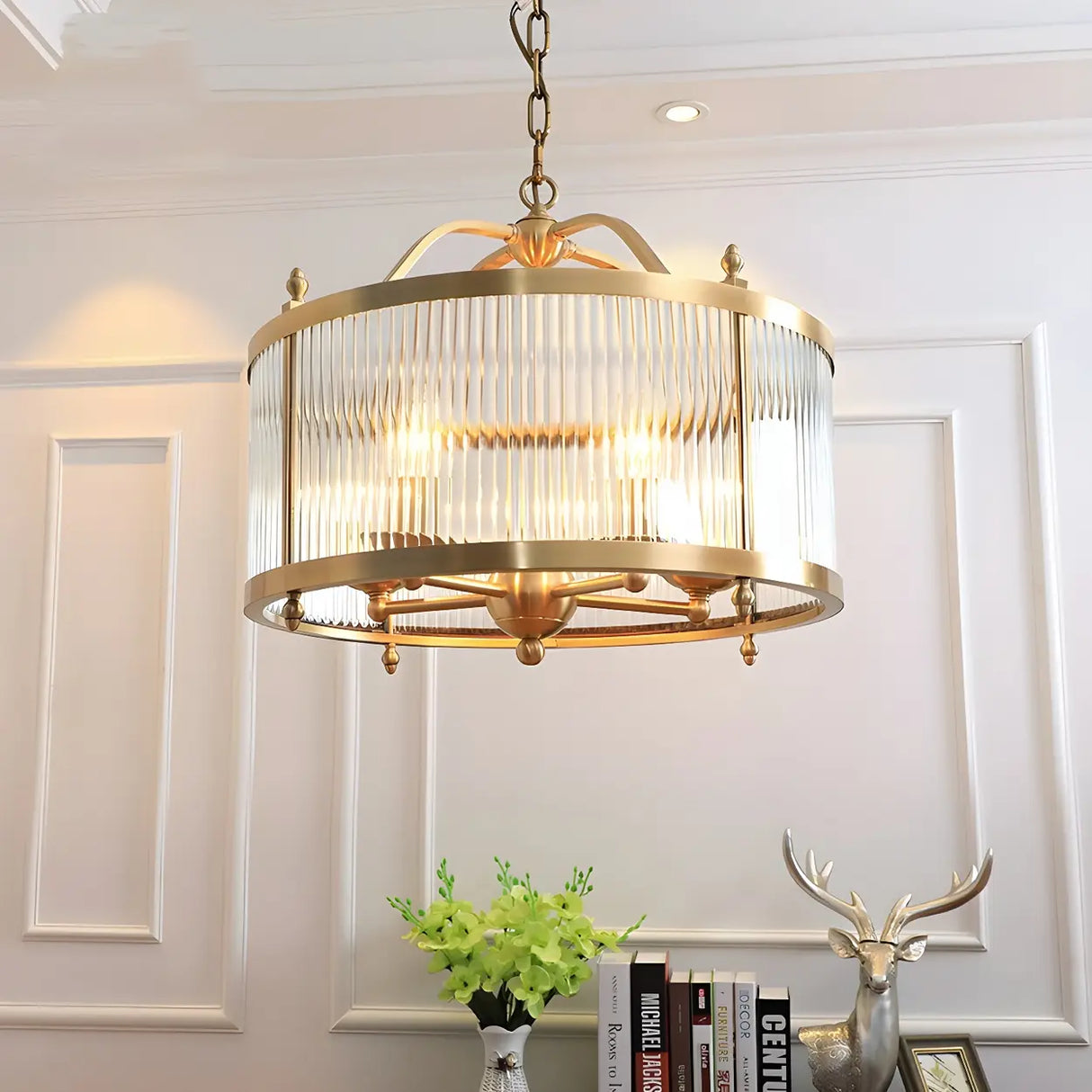 Elegant Modern Gold Ribbed Glass Drum Chandelier Image - 1