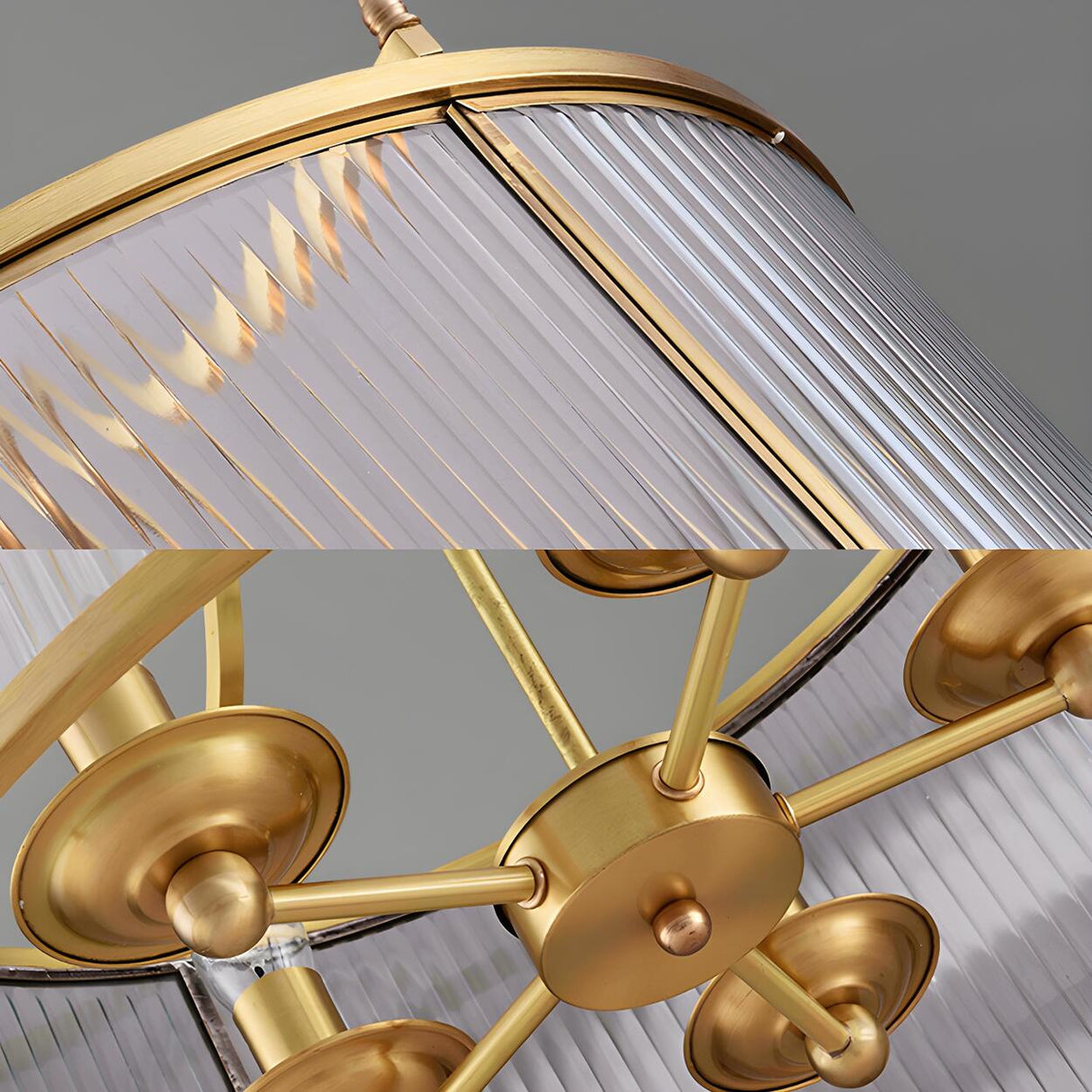 Elegant Modern Gold Ribbed Glass Drum Chandelier Image - 10