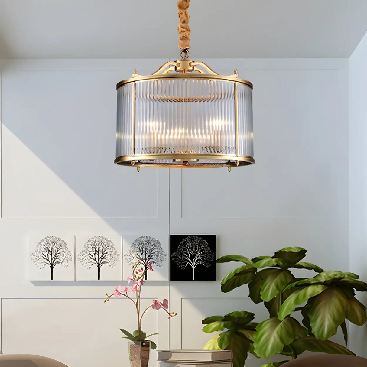 Elegant Modern Gold Ribbed Glass Drum Chandelier Image - 3