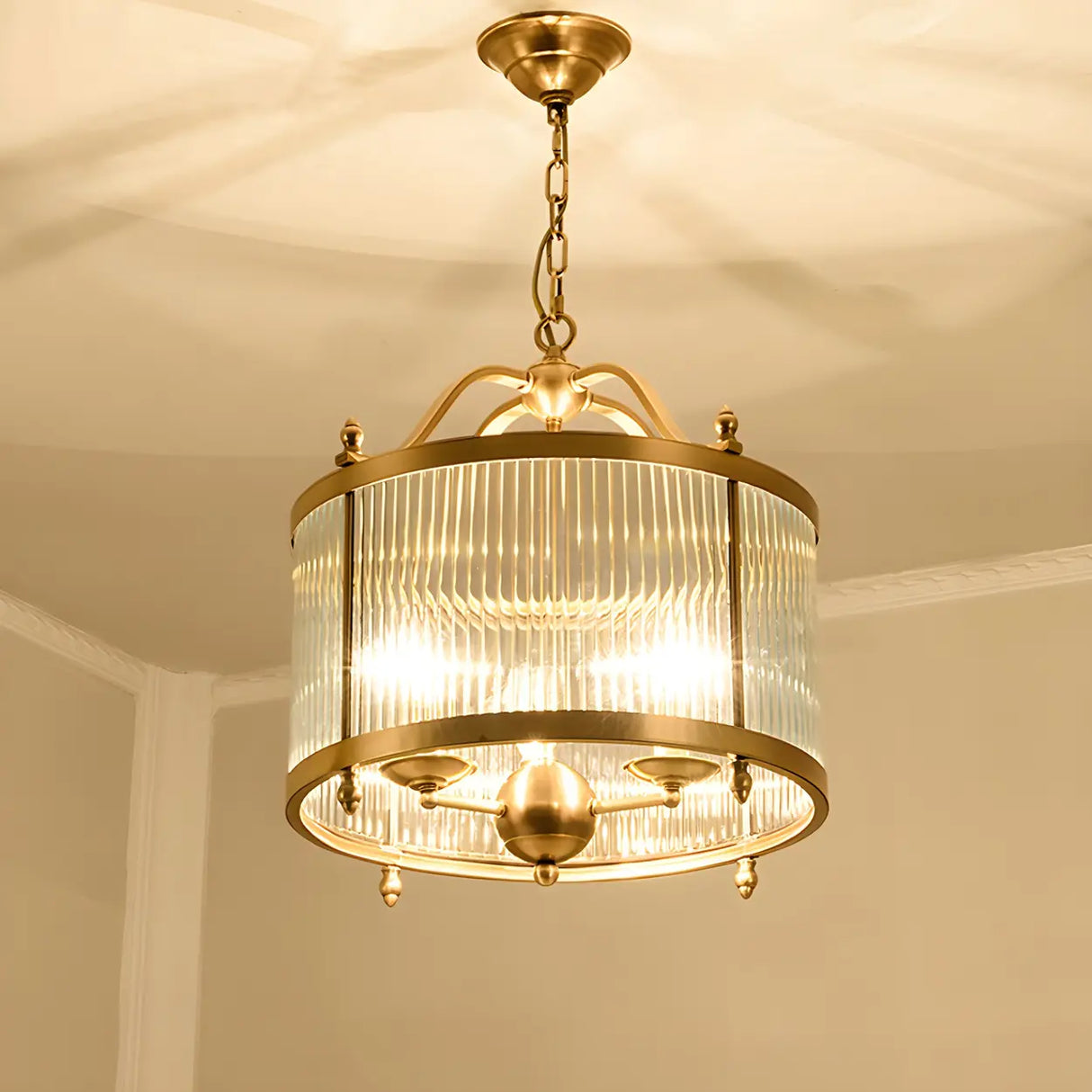 Elegant Modern Gold Ribbed Glass Drum Chandelier Image - 5