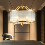 Elegant Modern Gold Ribbed Glass Drum Chandelier Image - 8