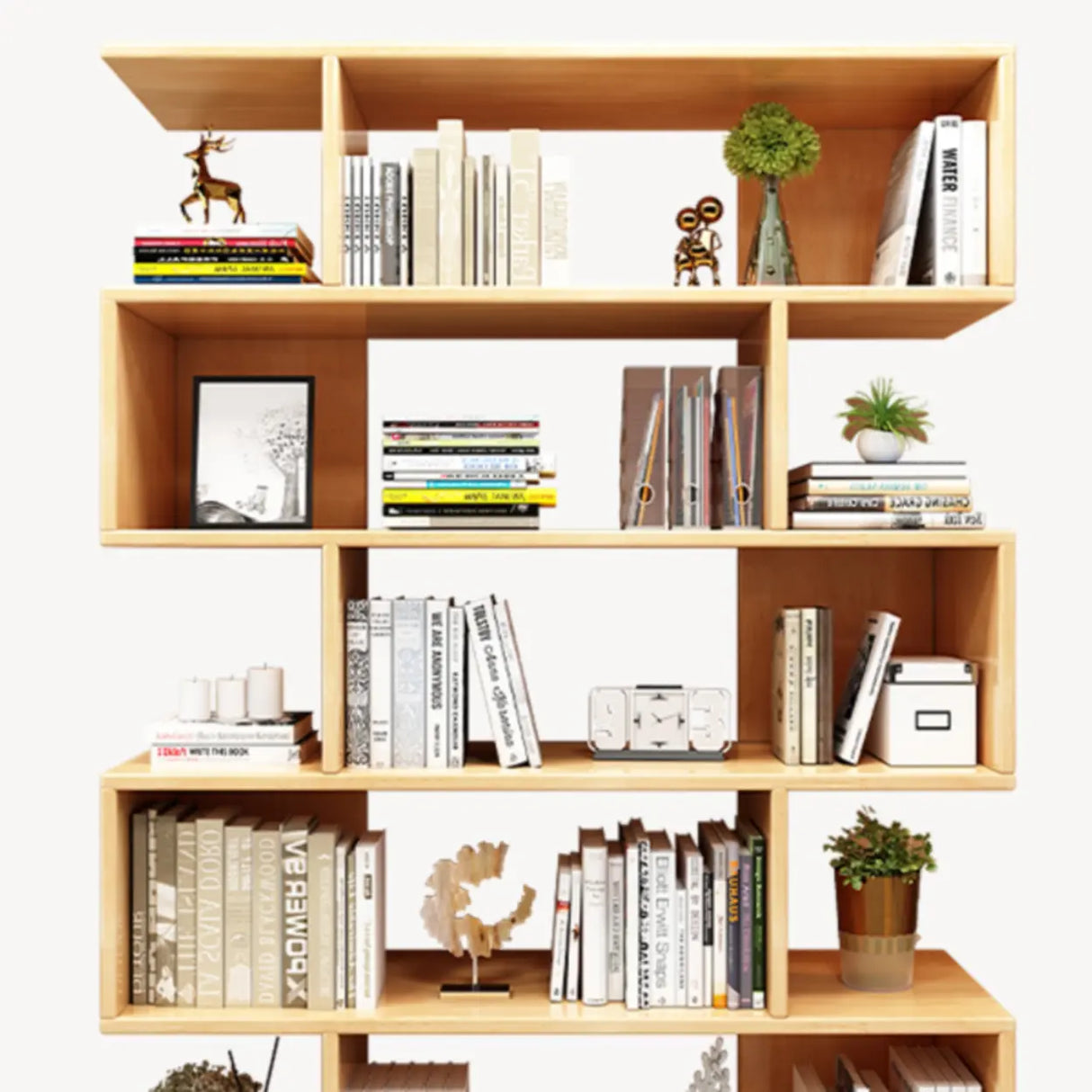 Elegant Natural Wood Vertical Open Display Bookcases Image - 6