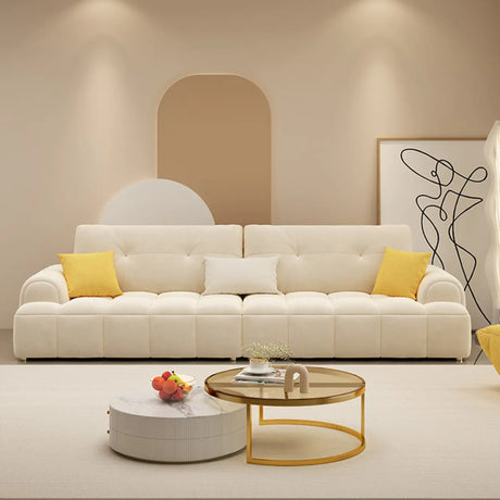 Elegant Off-White Velvet Tufted Back Recessed Arm Sofa Image - 2
