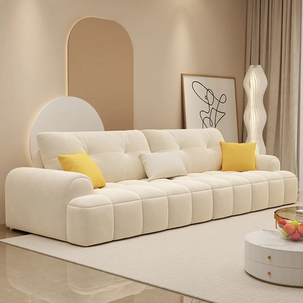 Elegant Off-White Velvet Tufted Back Recessed Arm Sofa Image - 3