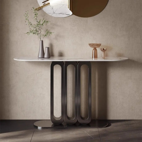 Elegant Oval Sintered Stone Black Pedestal Console Table Image - 2