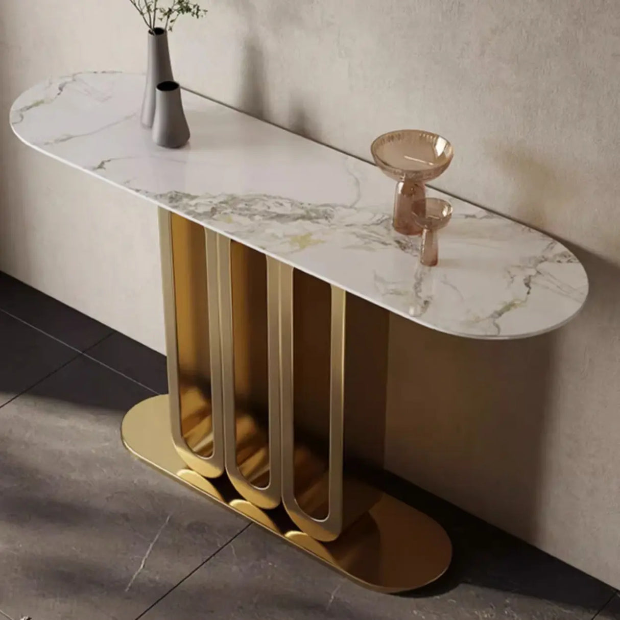Elegant Oval Sintered Stone Black Pedestal Console Table Image - 3