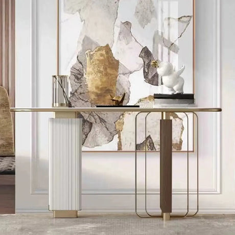 Elegant Oval Stone Metal Chalk Hallway Console Table Image - 1