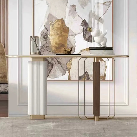 Elegant Oval Stone Metal Chalk Hallway Console Table Image - 2