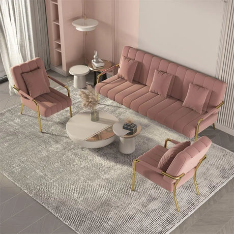 Elegant Pink Flannel Square Arm Sewn Pillow Back Sofa Image - 2