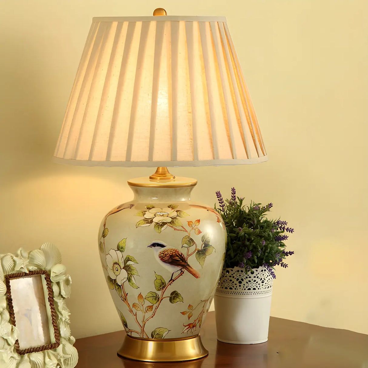 Elegant Pleated Fabric Floral Ceramic Base Table Lamp Image - 6