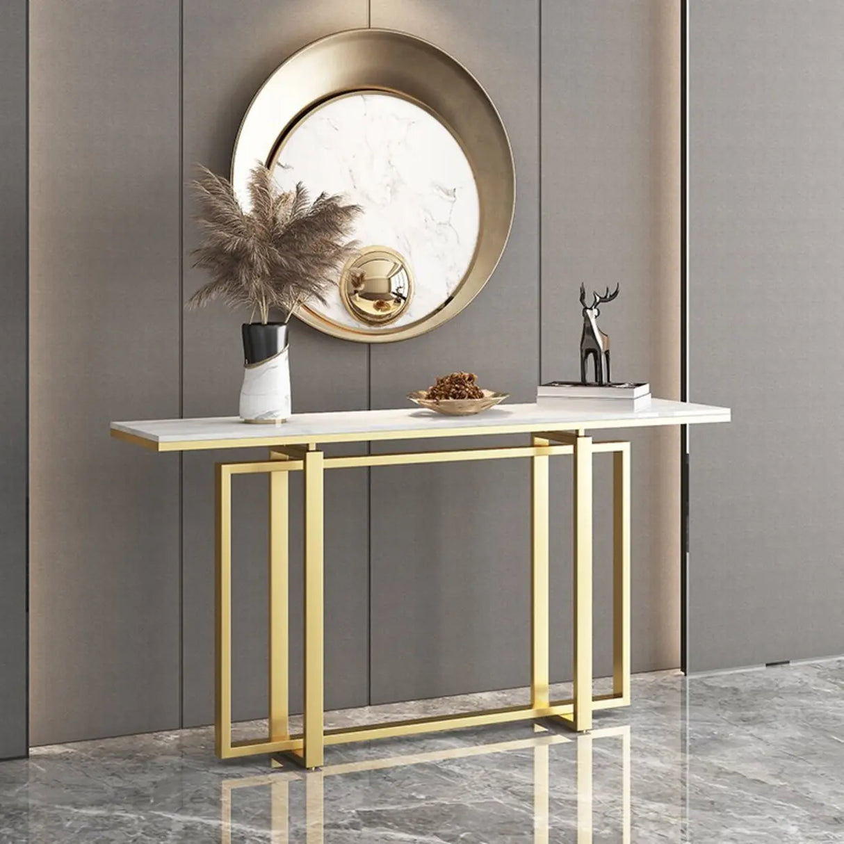 Elegant Rectangle Faux Marble Gold Trestle Console Table Image - 1