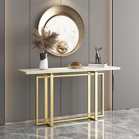 Elegant Rectangle Faux Marble Gold Trestle Console Table Image - 1