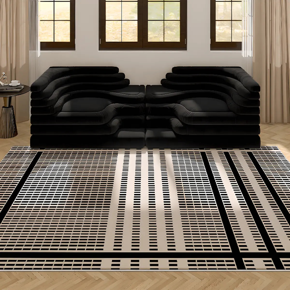 Elegant Rectangle Woven Black White Abstract Area Rug Image - 1