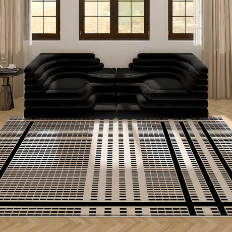 Elegant Rectangle Woven Black White Abstract Area Rug Image - 1