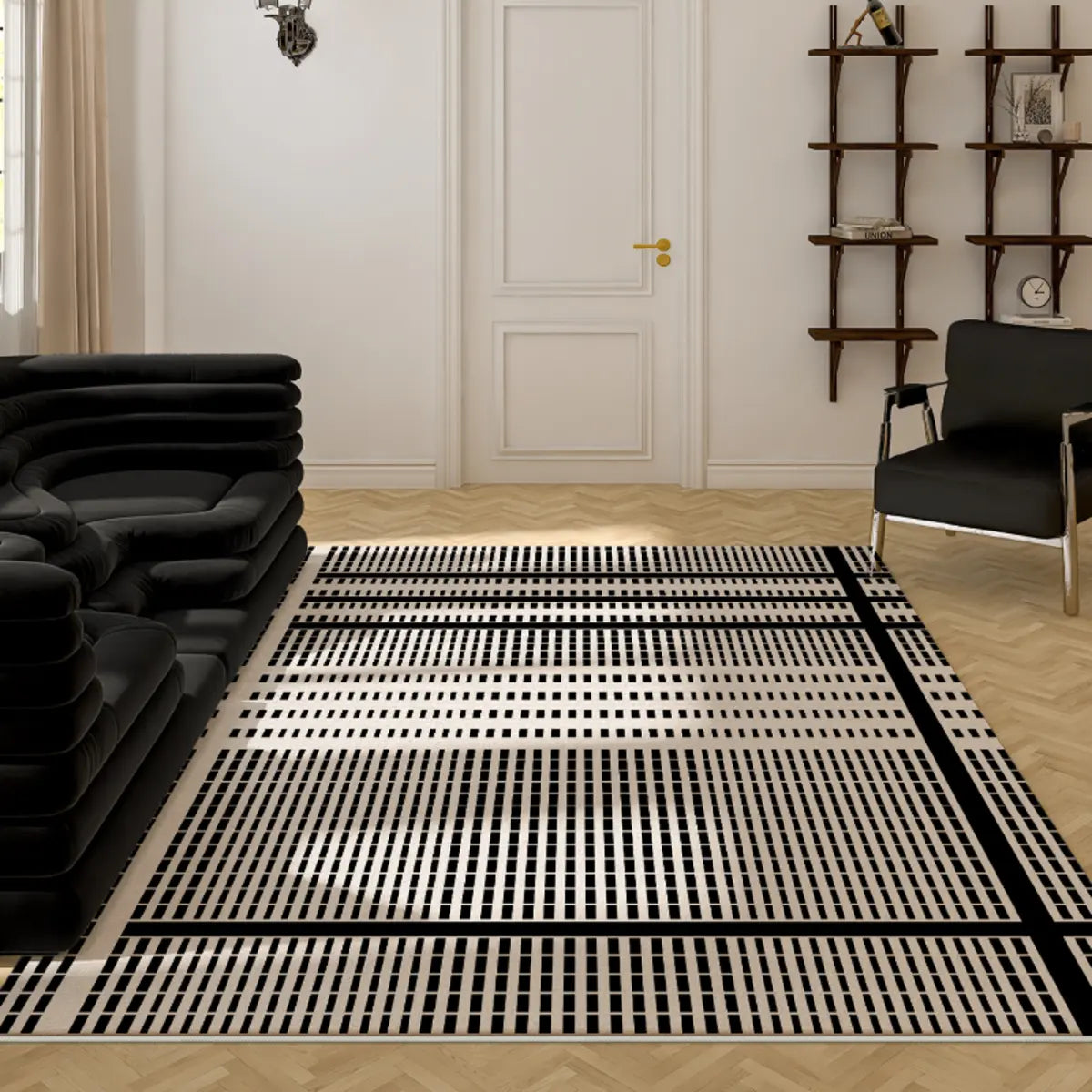 Elegant Rectangle Woven Black White Abstract Area Rug Image - 4