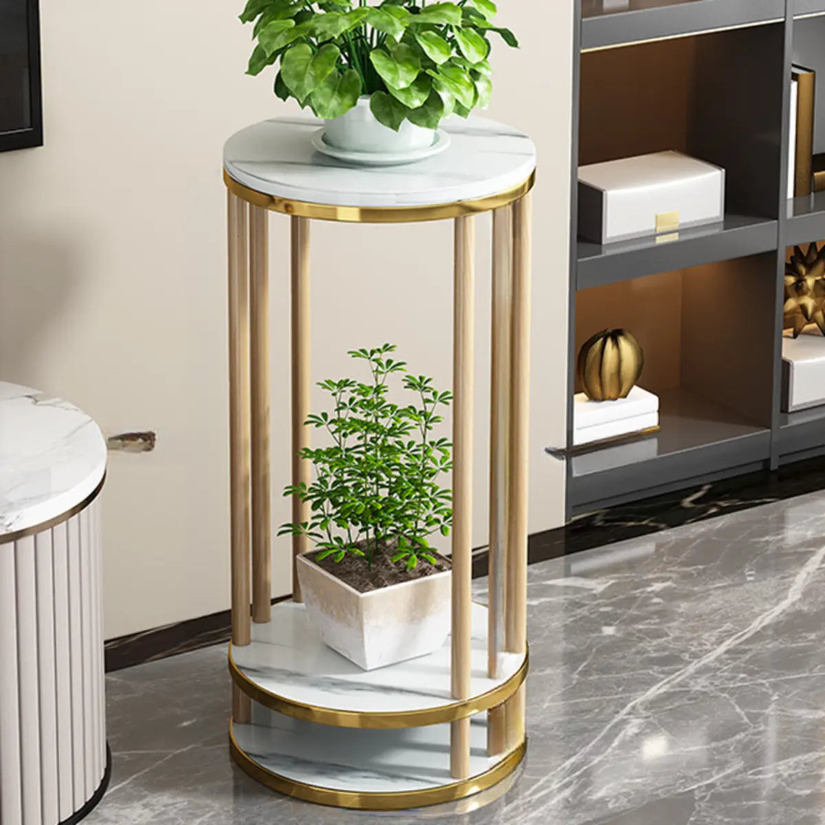 Elegant Round Wood Base Indoor Floor Plant Stand Brown Image - 3