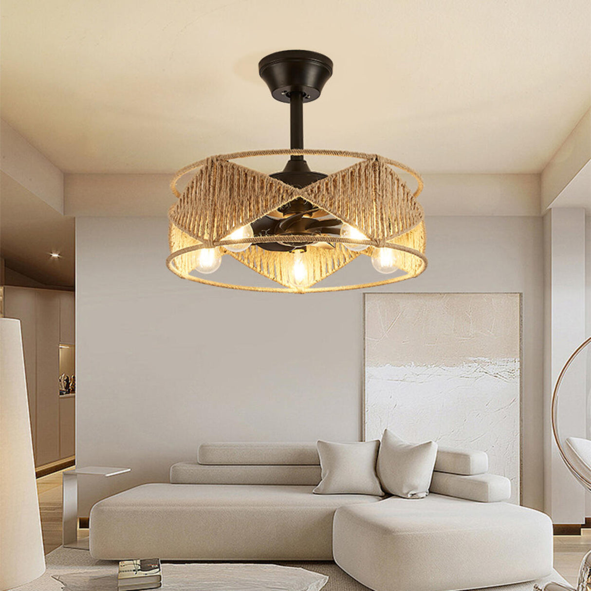 Elegant Simple Rattan Barrel Shade Ceiling Fan Light Image - 2