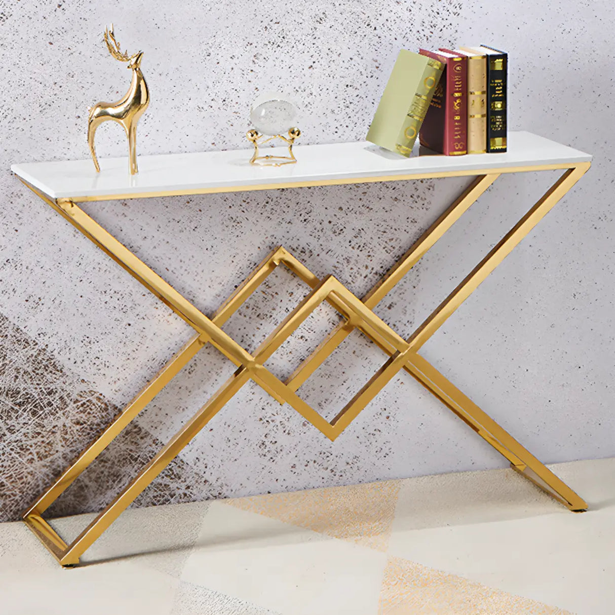 Elegant Stone Top X-Shaped Metal Gold Console Table Image - 1