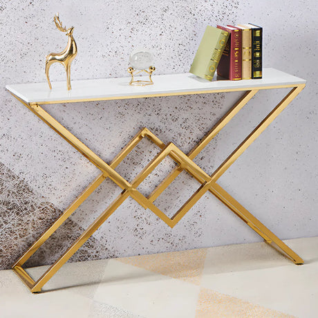 Elegant Stone Top X-Shaped Metal Gold Console Table Image - 1