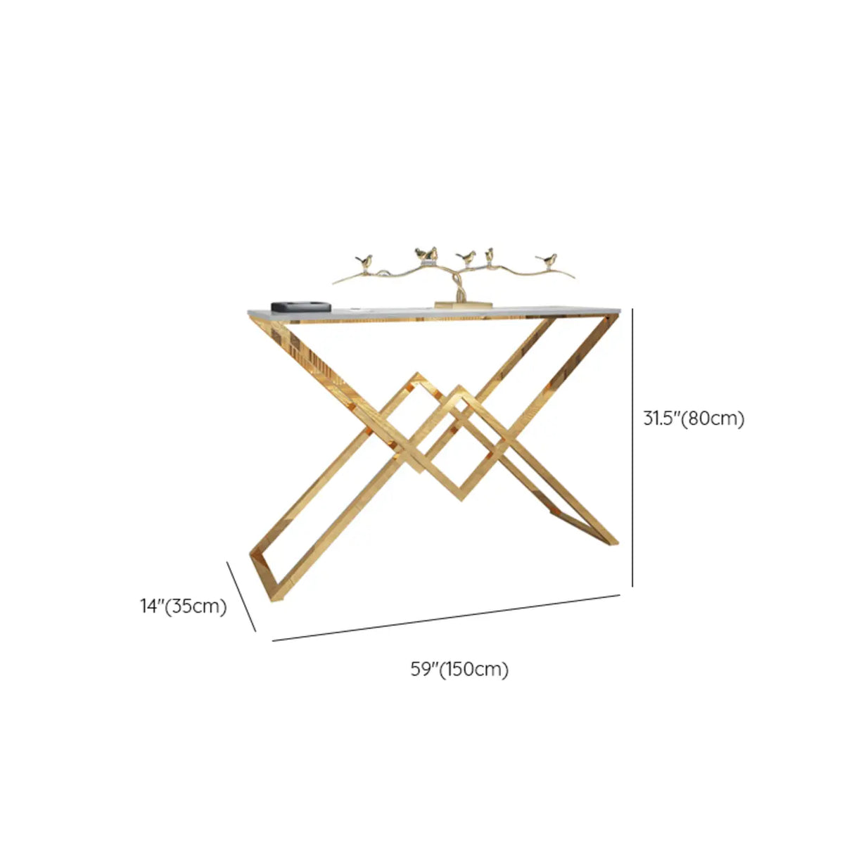 Elegant Stone Top X-Shaped Metal Gold Console Table Image - 12