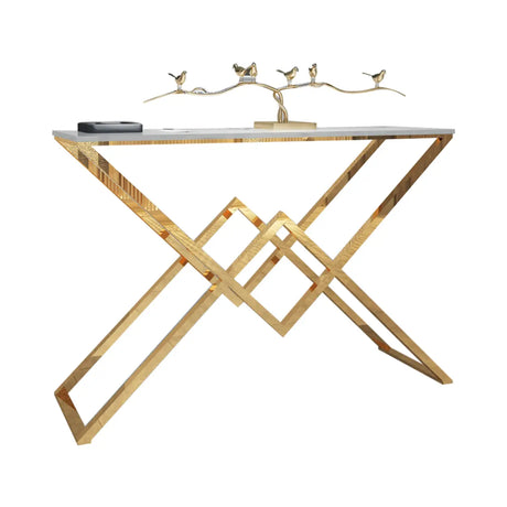 Elegant Stone Top X-Shaped Metal Gold Console Table Image - 2