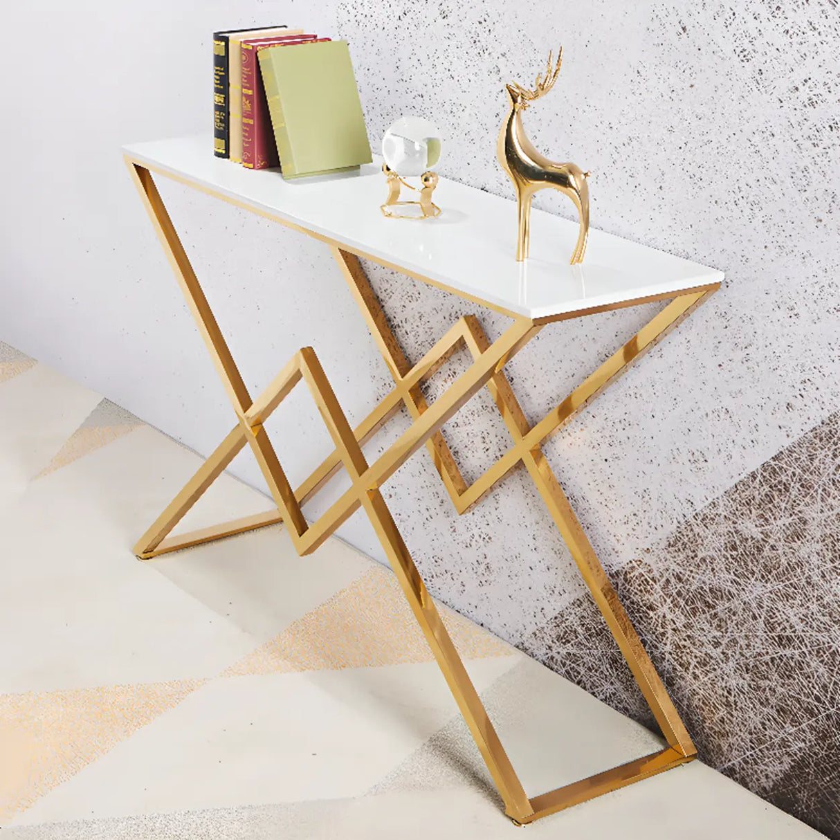 Elegant Stone Top X-Shaped Metal Gold Console Table Image - 3