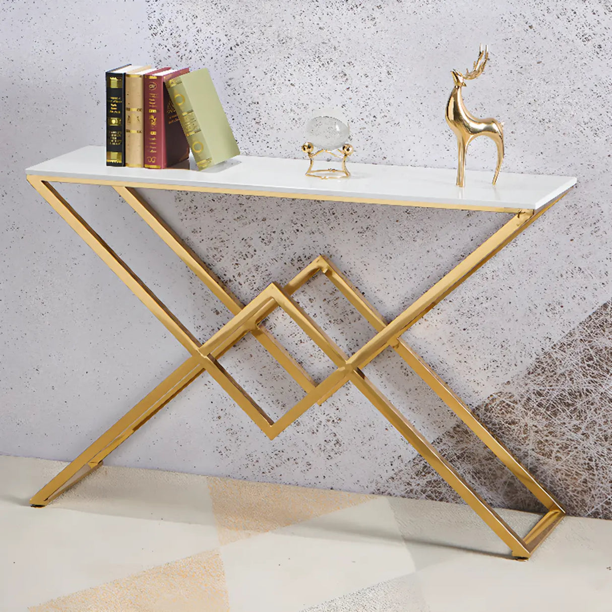 Elegant Stone Top X-Shaped Metal Gold Console Table Image - 4
