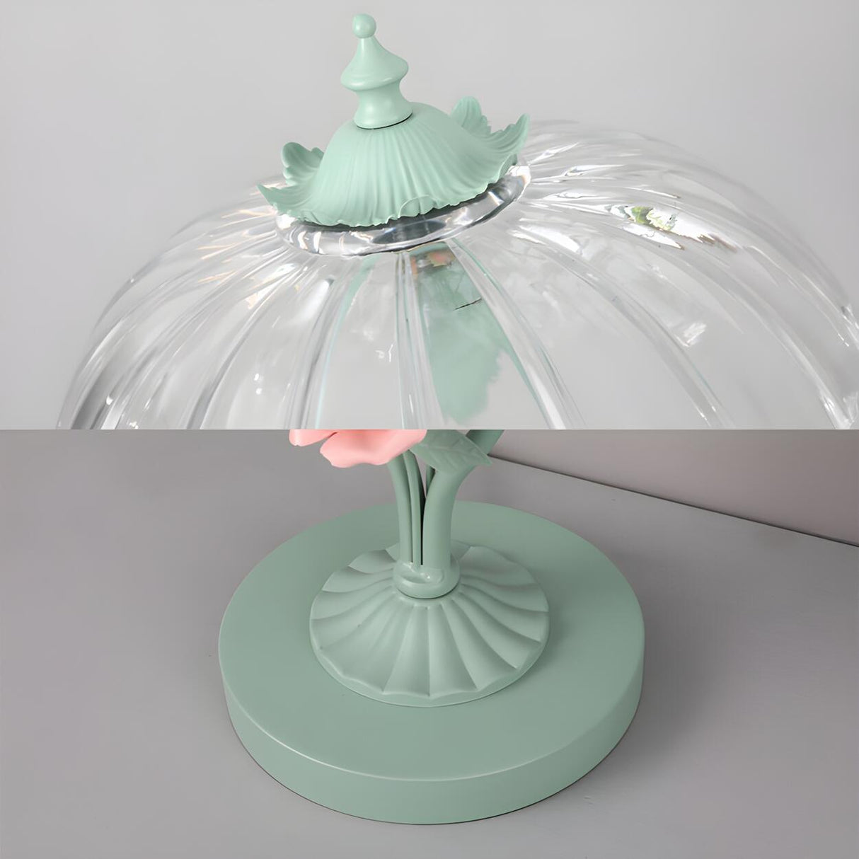 Elegant Umbrella Glass Shade Green Floral Table Lamp Image - 10