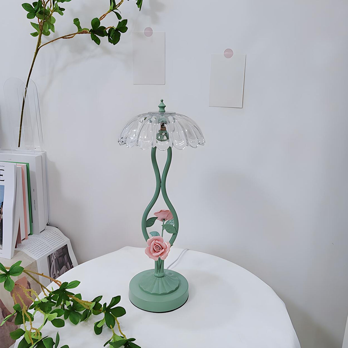 Elegant Umbrella Glass Shade Green Floral Table Lamp Image - 11