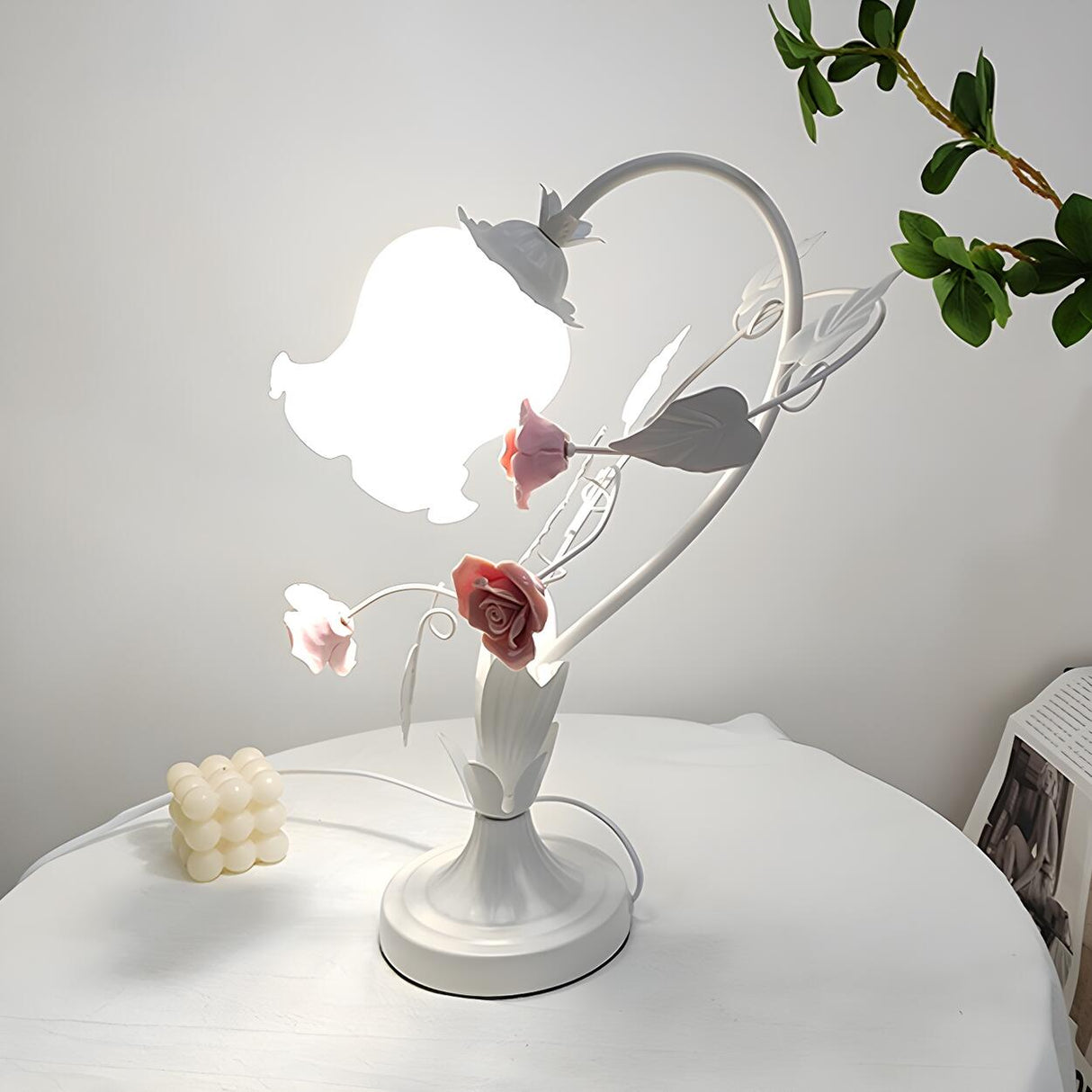 Elegant Umbrella Glass Shade Green Floral Table Lamp Image - 12