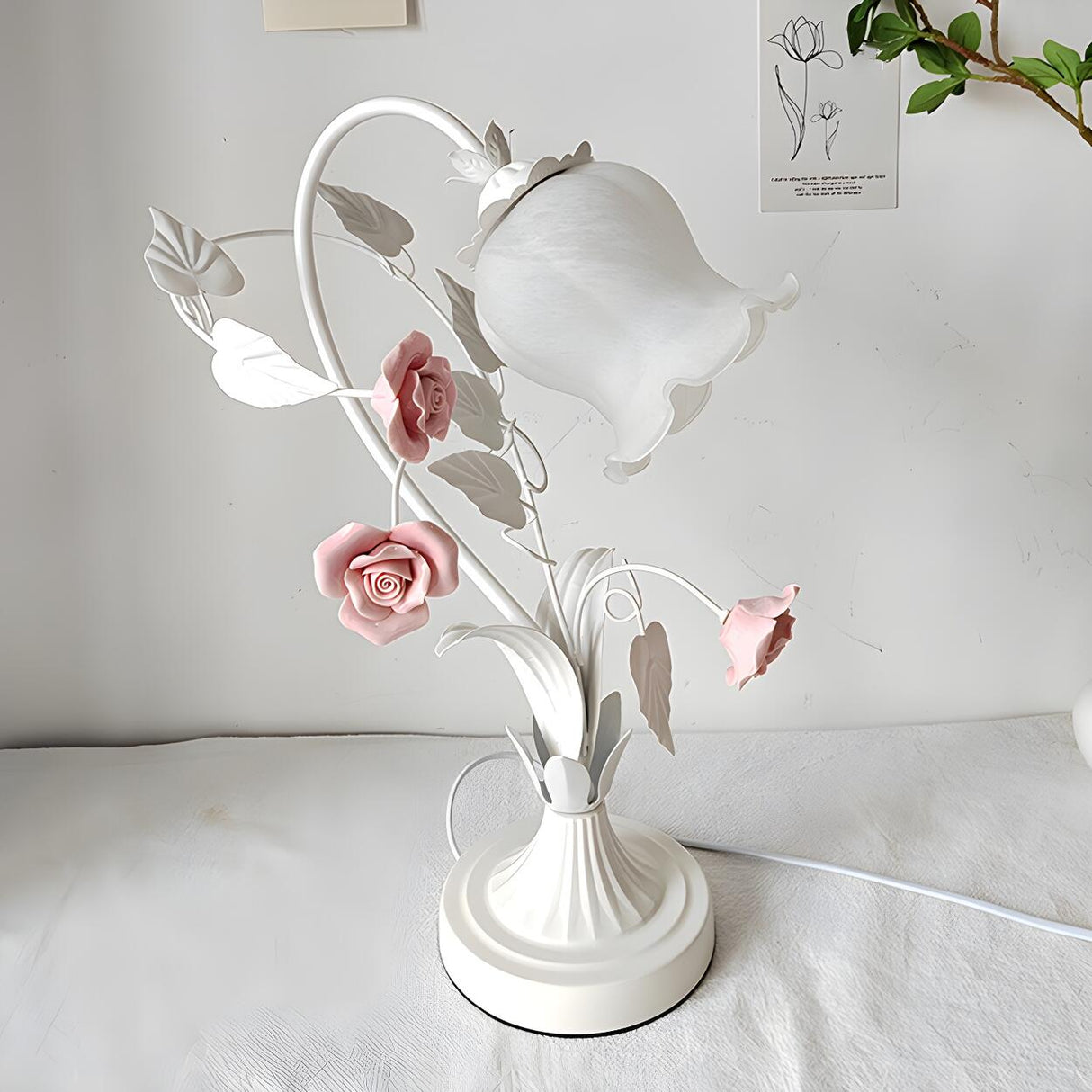 Elegant Umbrella Glass Shade Green Floral Table Lamp Image - 13