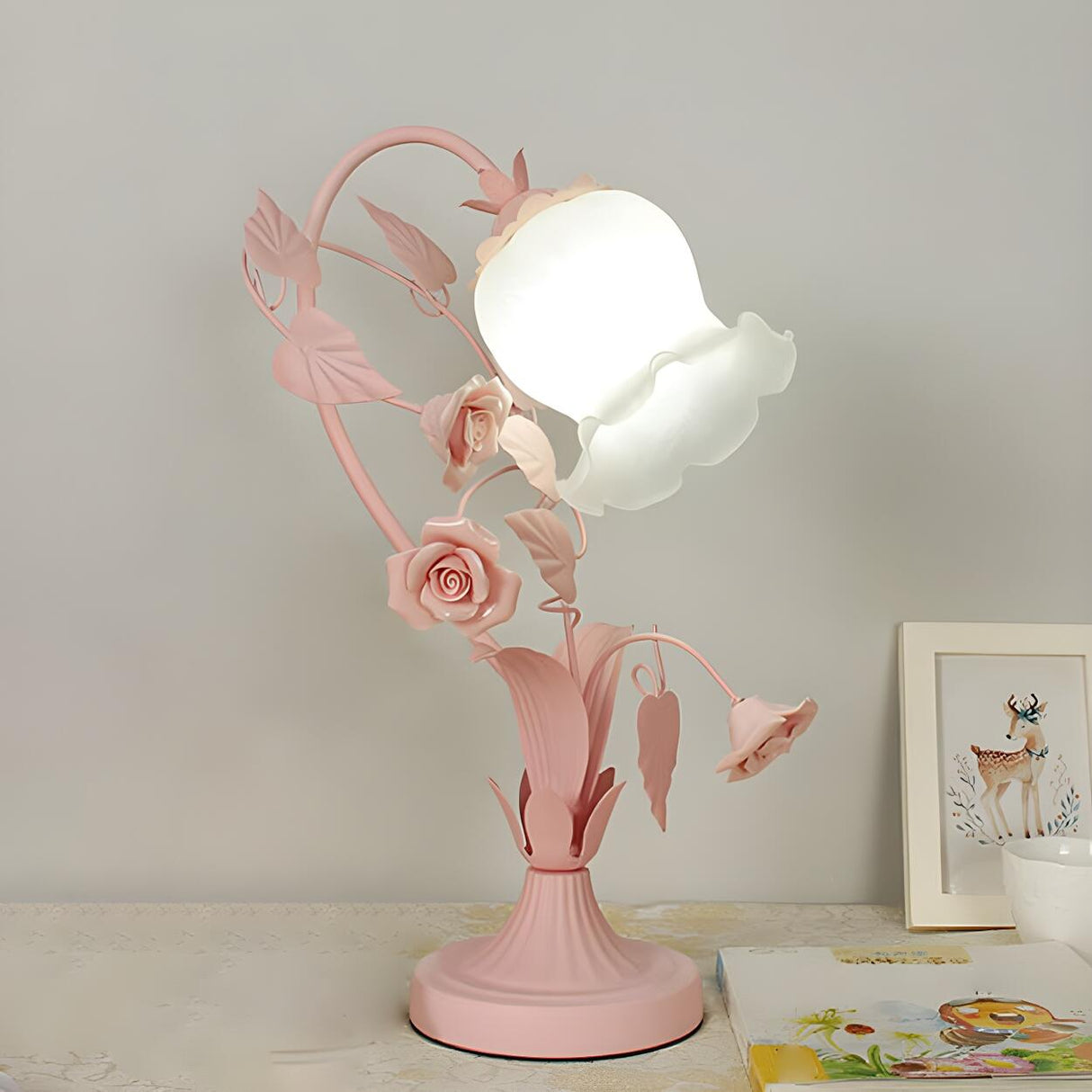 Elegant Umbrella Glass Shade Green Floral Table Lamp Image - 3