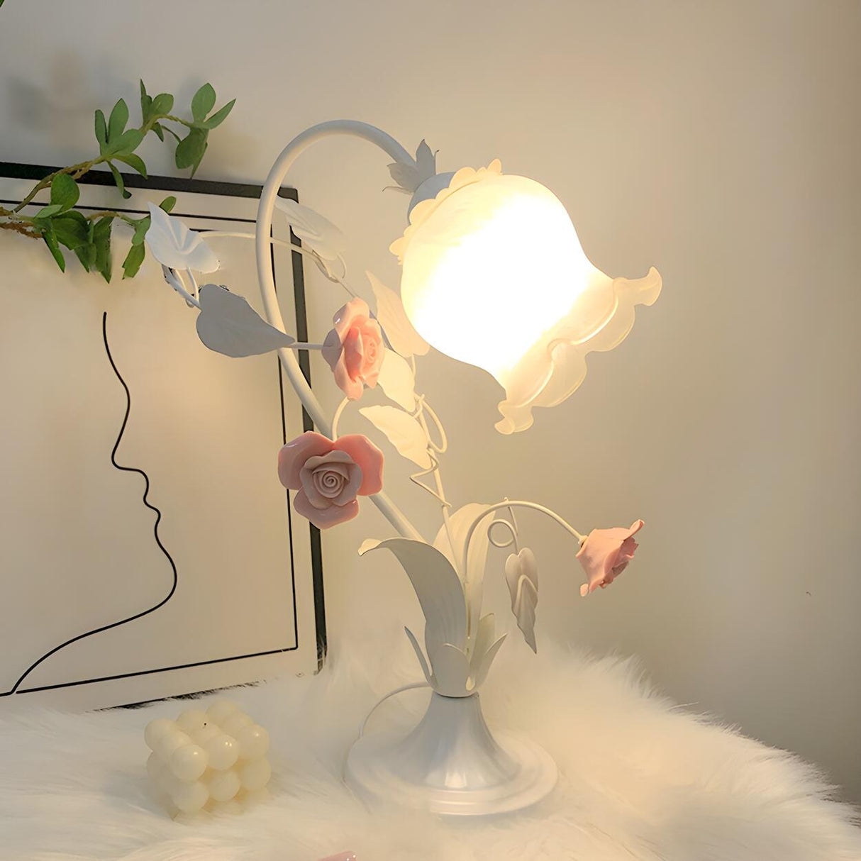 Elegant Umbrella Glass Shade Green Floral Table Lamp Image - 4