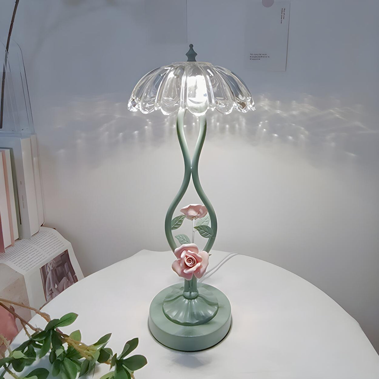 Elegant Umbrella Glass Shade Green Floral Table Lamp Image - 5