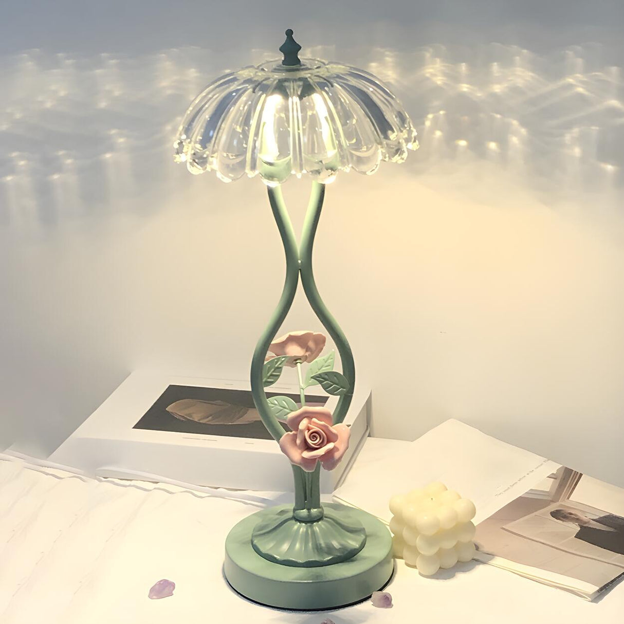Elegant Umbrella Glass Shade Green Floral Table Lamp Image - 6