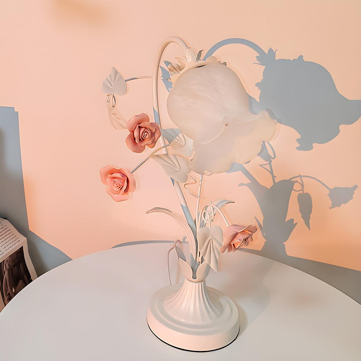 Elegant Umbrella Glass Shade Green Floral Table Lamp Image - 7