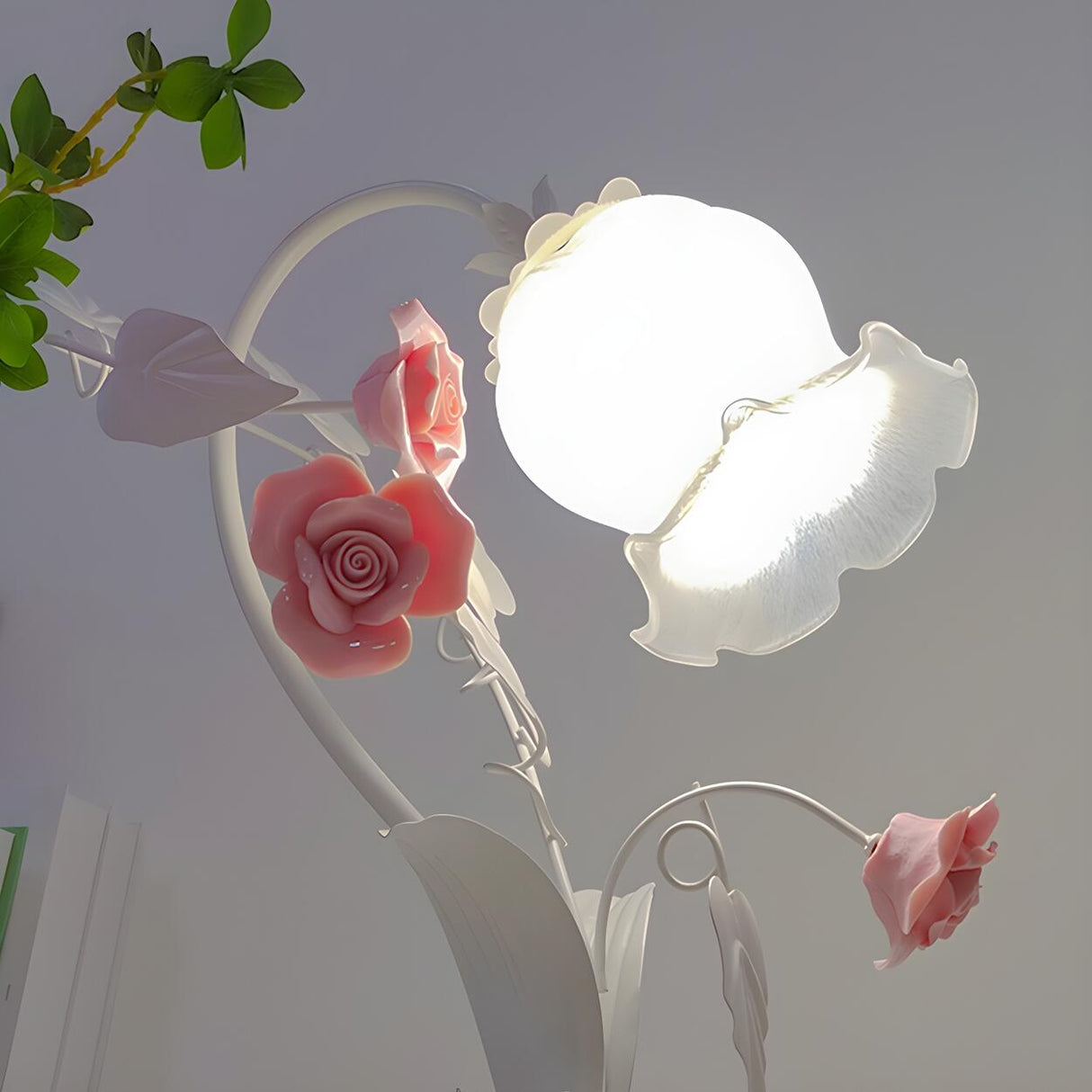 Elegant Umbrella Glass Shade Green Floral Table Lamp Image - 9