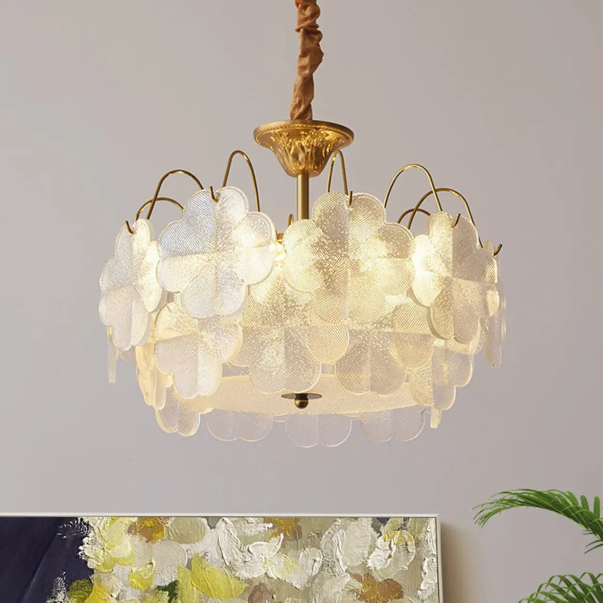 Elegant Vintage Floral Glass Round Living Room Chandelier Image - 2