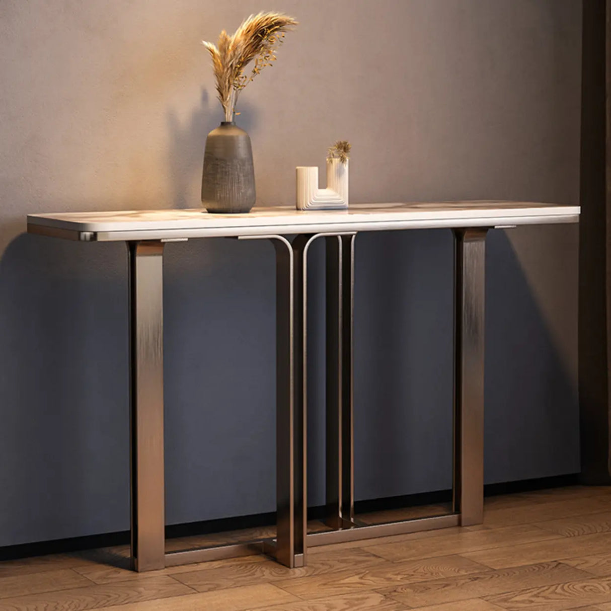 Elegant Washable Marble White Pedestal Console Table Image - 4