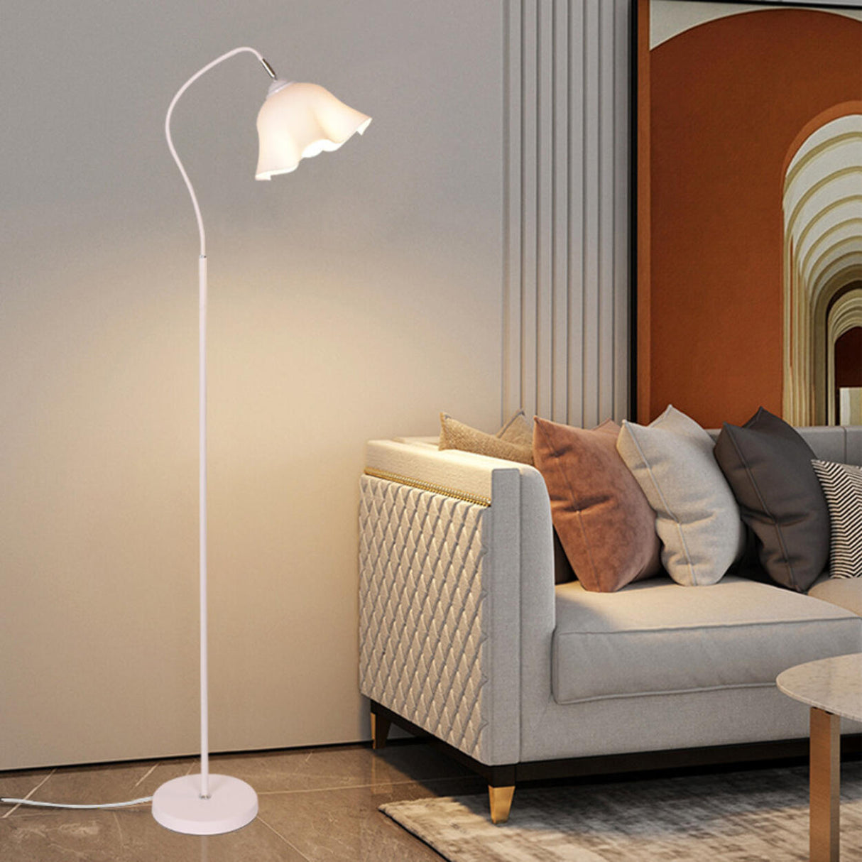Elegant White Flower-Shaped Living Room Floor Lamp Image - 2
