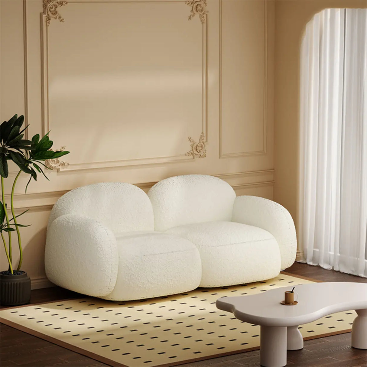 Elegant White Sherpa Tight Back Foam Fill Loveseat Image - 10