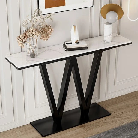 Elegant White Stone W-Shaped Base Gold Entry Console Table Image - 2