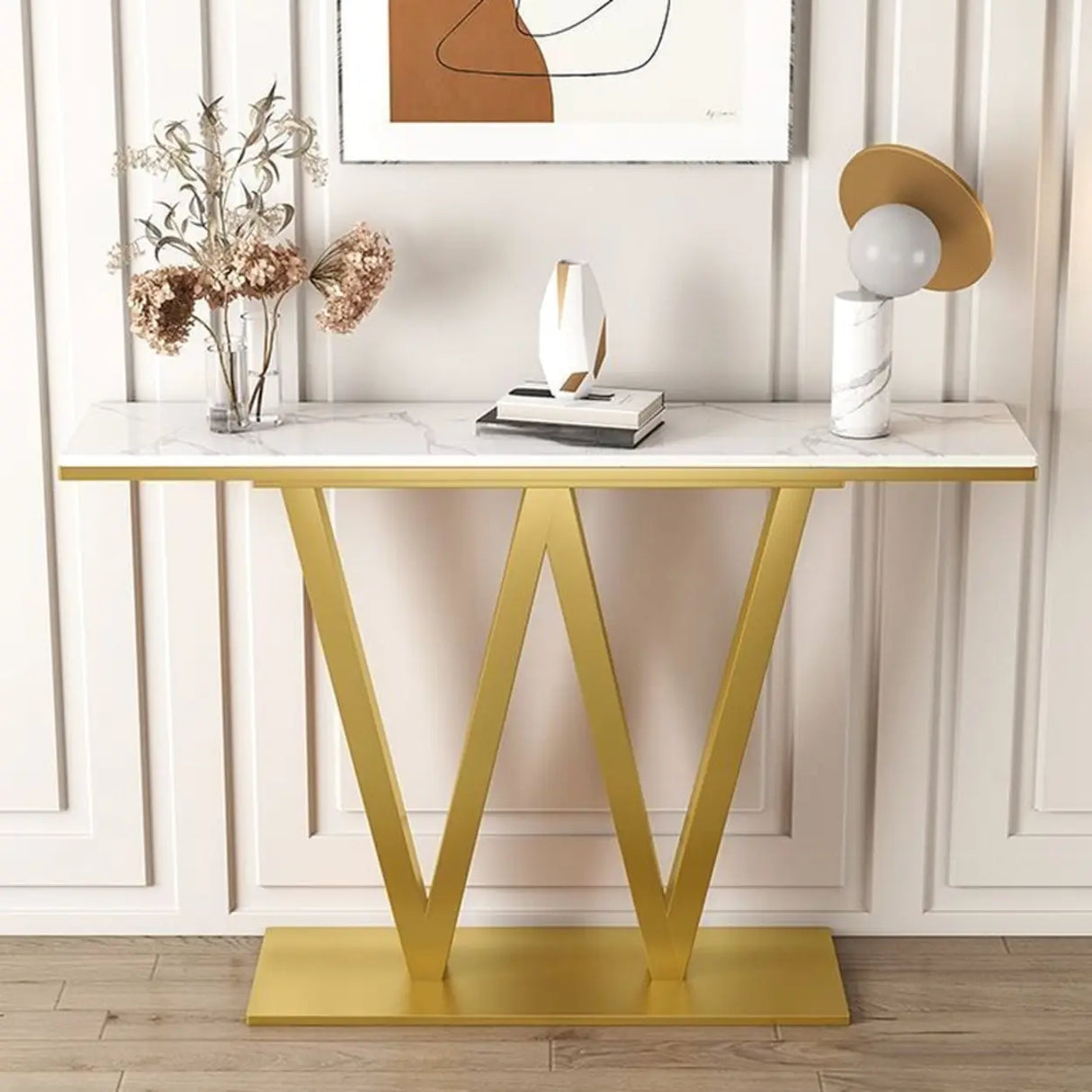 Elegant White Stone W-Shaped Base Gold Entry Console Table Image - 3