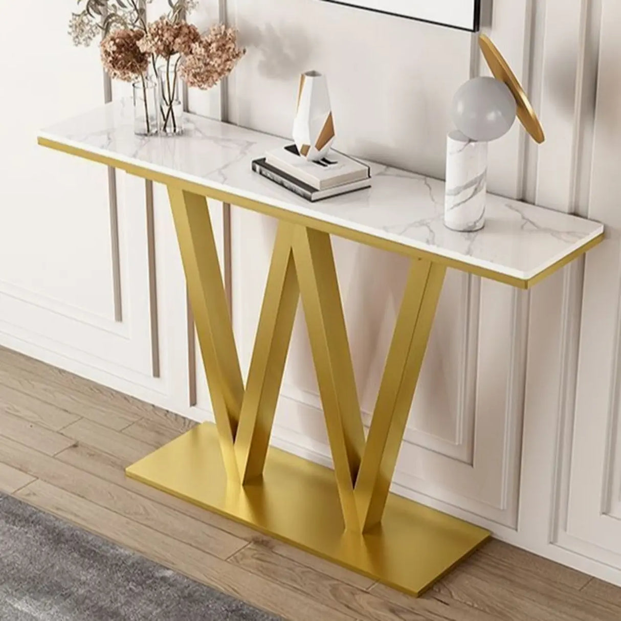 Elegant White Stone W-Shaped Base Gold Entry Console Table Image - 4