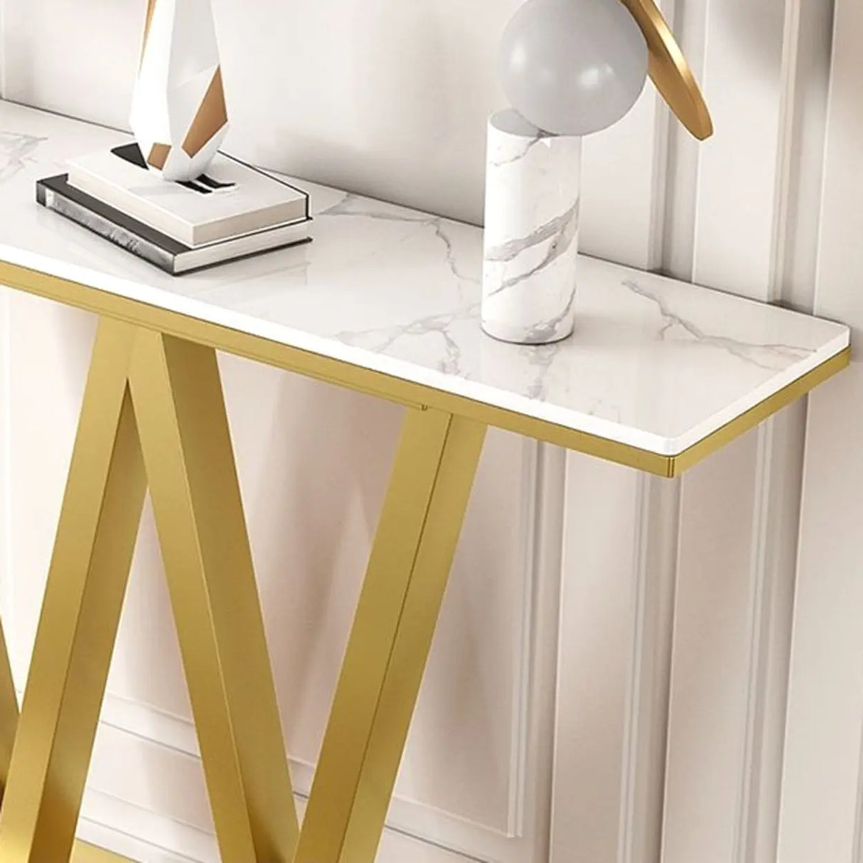 Elegant White Stone W-Shaped Base Gold Entry Console Table Image - 5